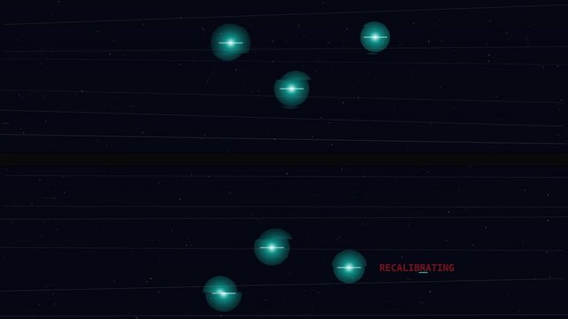 Futuristic HUD interface with glowing turquoise glowing spheres and glitch error text moving in a digital cyberspace