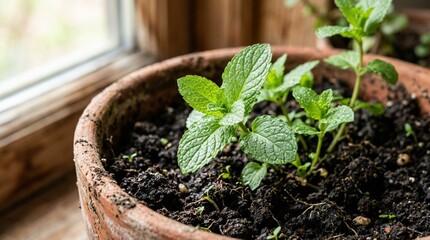 Naklejka premium Close-up of fresh green mint leaves sprouting from rich dark soil in a weathered terracotta pot, soft window light illuminating new growth, detailed herb gardening indoors, vibrant plant texture