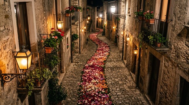 All Saints Day Flower Carpet Illuminates Ancient Cobblestone Alleyway at Night