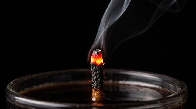 Close up of a burning candle wick with smoke rising against a dark background, symbolizing remembrance and All Saints Day