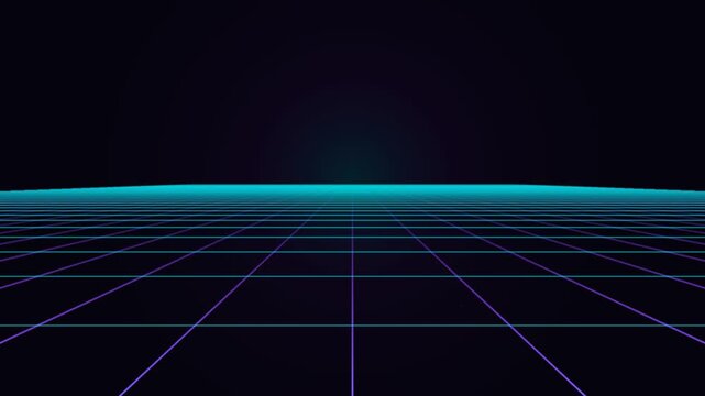 Abstract Retro Futuristic Cyberpunk Landscape Featuring Neon Blue Glowing Grid Horizon Background Design Concept