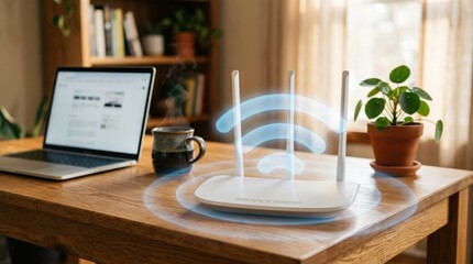 Fototapeta premium Modern white wireless router with three antennas on wooden desk in cozy home office, glowing blue Wi-Fi signal, laptop and potted plant in warm sunlight background