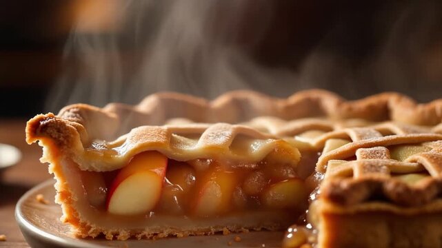 Fresh Baked Whole Lattice Apple Pie with Slice Cut Out Steaming on Table Autumn Holiday Dessert