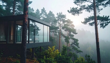 Fototapeta premium Modern house in misty forest landscape.