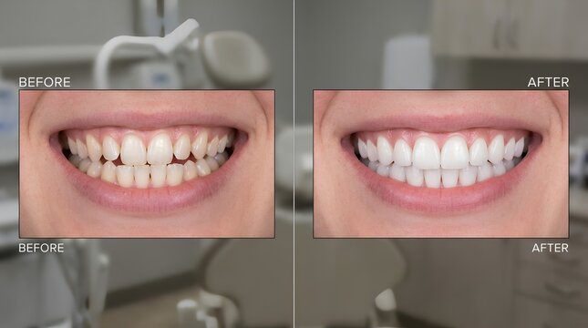 Split-frame dental smile comparison showing before and after teeth straightening, whitening transformation, orthodontic cosmetic dentistry result, bright healthy smile close-up