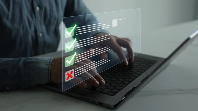 Survey form and checklist concept featuring task completion, validation and progress tracking. Business organization and productivity management technology.