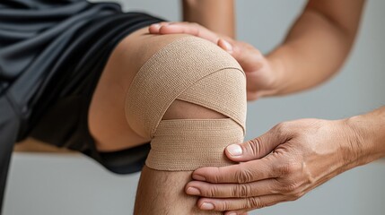 Naklejka premium Close up of athletic knee being taped for support and injury prevention by a physical therapist