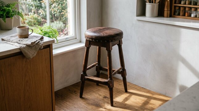 Vintage dark wood bar stool with round leather seat standing in a sunlit modern kitchen corner, soft natural shadows on hardwood floor near window with greenery and coffee mug on counter