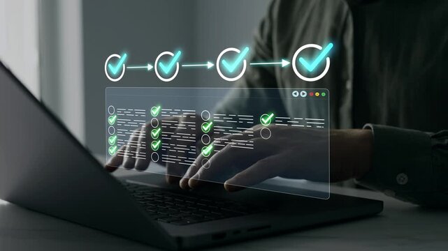 Digital task management interface with completed checklist items and verification marks. Business workflow concept focused on organization, productivity, project tracking and operational success.