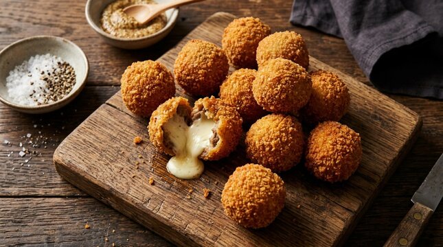 Golden brown breaded bitterballen snacks with molten mozzarella oozing from crispy fried croquettes on rustic wooden board top down view