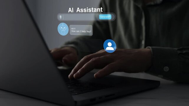 AI virtual assistant with chatbot interface helping users through real-time messaging. Modern business communication, automated support, intelligent responses and digital transformation concept.	
