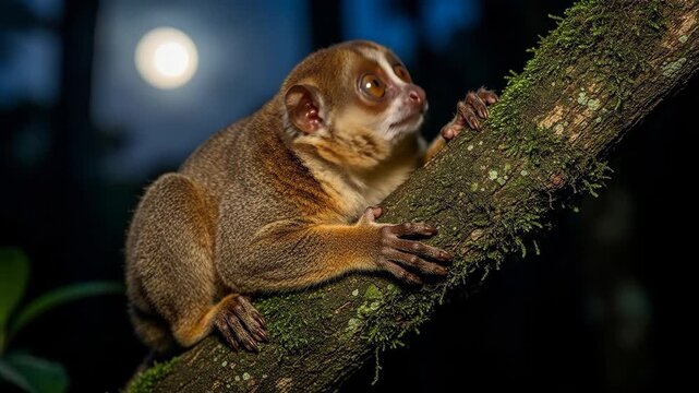 A nocturnal primate with large, luminous eyes clings to a mossy branch at night.