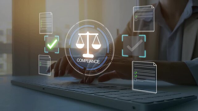 Modern governance, legal standards, policy management ensuring transparency, safety, structured organizational control.Compliance law,corporate rules concept with documents, checkmarks, regulation	
