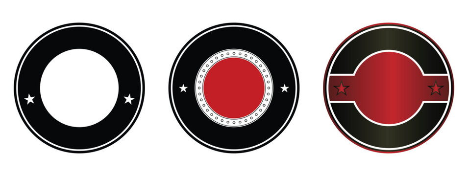 Set of blank black and red circular badge vector templates with Stars Around it. Realistic retro marquee signs for design illustration, Round metal realistic Flat frames, and award stamps or stickers.