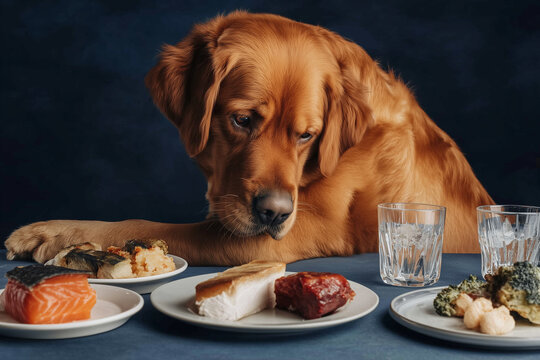 Dog with hungry eyes sitting behind a table in a fancy restaurant looking at the food on the table