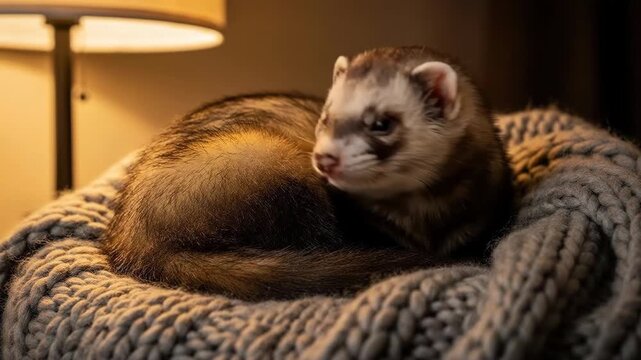 A cute ferret curled up on a cozy knitted blanket under warm lamplight.