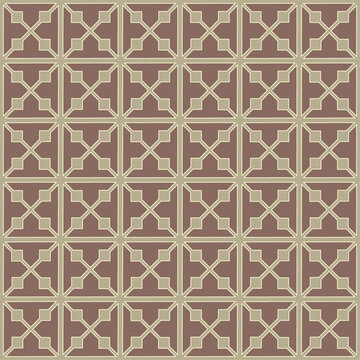 Vector illustration of a 5x5 grid of square tiles with intersecting angular lines forming stylized crosses and diamonds. Rendered in muted brown and beige, the precise symmetry makes this artwork.
