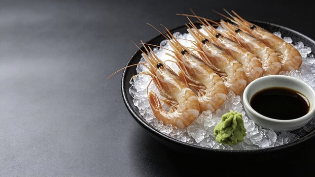 Chilled raw shrimp on ice with wasabi and soy sauce accompan