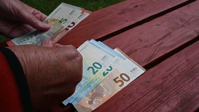 The modest pension of retirees; euro banknotes in an elderly woman's hand.