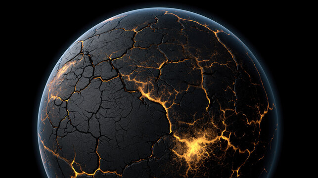 Dark planet Earth with cracked parched surface and glowing fissure against black background symbolizing drought, climate change, environmental crisis, and planetary damage