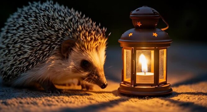 Cute hedgehog curiously approaches a glowing lantern in a warm, cozy night setting.