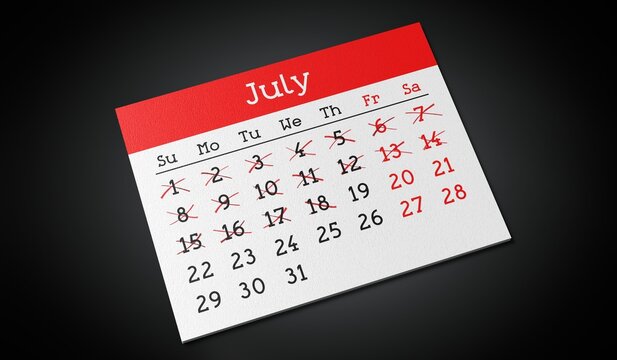July - Paper Calendar Page - 3d illustration