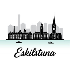 Naklejka premium Eskilstuna Sweden City Skyline Silhouette Vector Illustration with Rademachersmedjorna and River