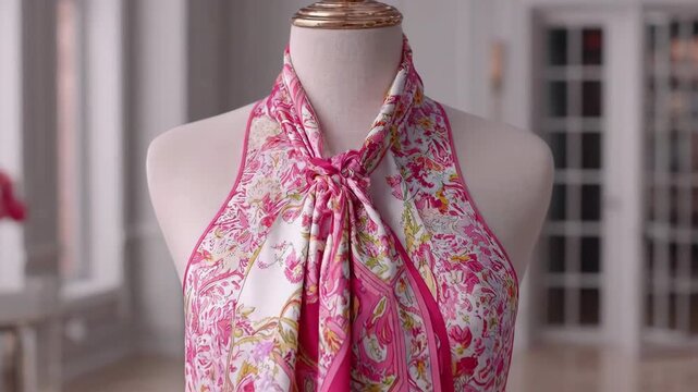 Stylish pink and white silk scarf with floral pattern displayed on a mannequin.