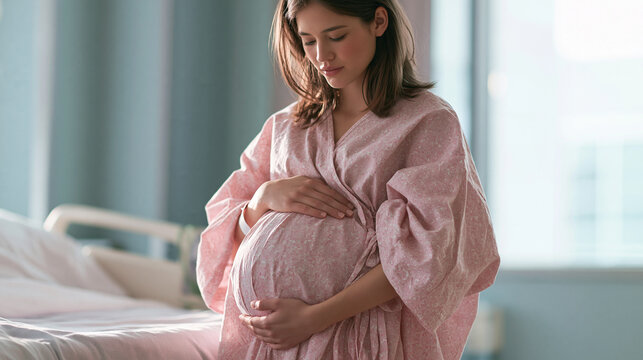 A pregnant Asian woman wearing a pink hospital gown and holding her belly while standing near a hospital bed in a bright maternity ward room.