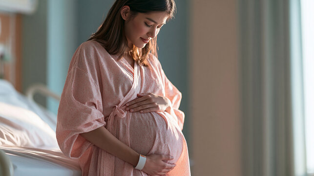 A pregnant Asian woman wearing a pink hospital gown and holding her belly while standing near a hospital bed in a bright maternity ward room.