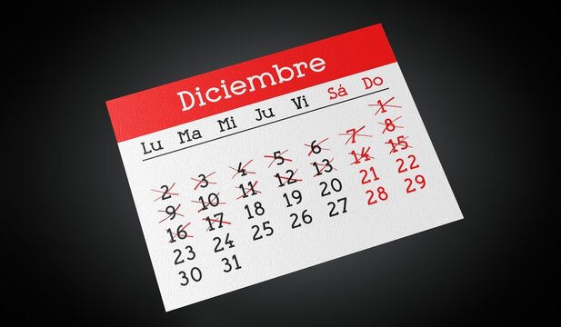 December in Spanish - Paper Calendar Page - 3d illustration