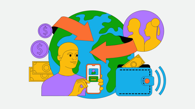 Global money transfer vector illustration, international remittance concept with mobile wallet and globe, online financial transaction