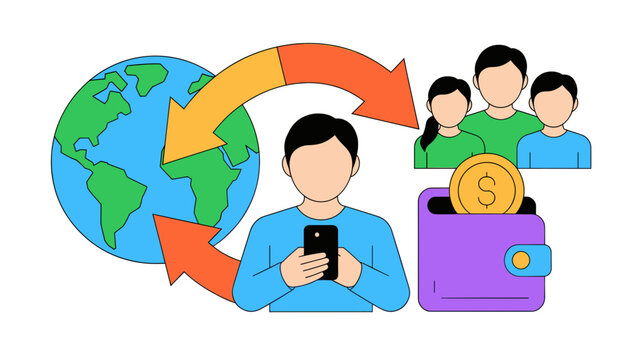 Global money transfer vector illustration, international remittance concept with mobile phone user, online wallet and globe icon