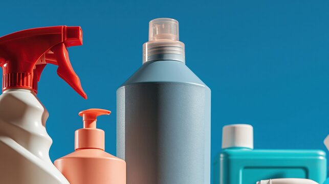 Collection of assorted cleaning product bottles and containers with spray nozzles and pumps