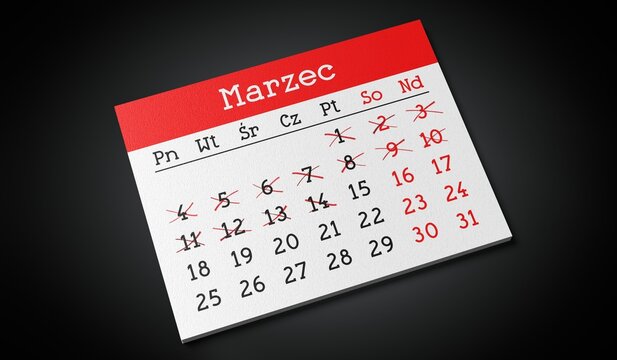 March in Polish - Paper Calendar Page - 3d illustration