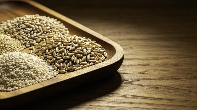 grain assortment with amaranth farro and freekeh in wooden t