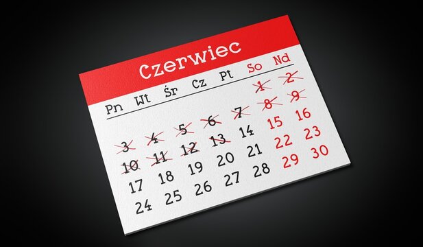June in Polish - Paper Calendar Page - 3d illustration