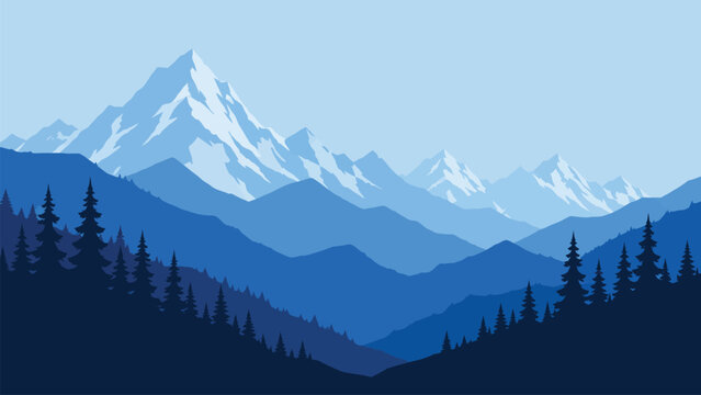 Blue mountain landscape vector illustration, snow covered peak with pine forest valley silhouette panorama, nature outdoor travel adventure poster background banner