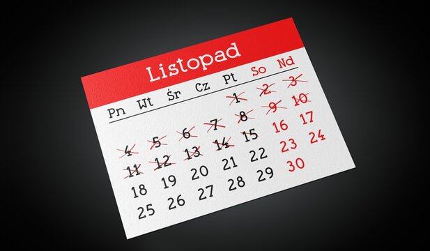November in Polish - Paper Calendar Page - 3d illustration