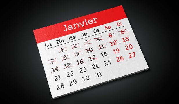 January in French - Paper Calendar Page - 3d illustration