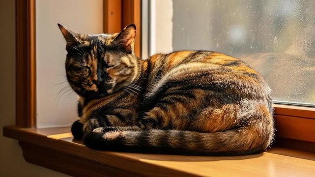 Cozy tortoiseshell cat basking in warm sunlight on a wooden window ledge.