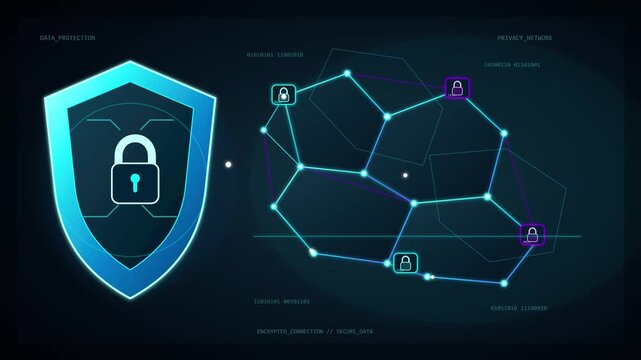 Glowing shield icon protects digital network connections in this dynamic blue data security animation video