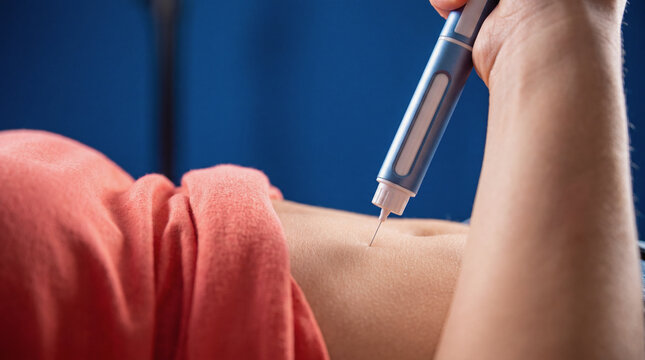 Close up of patient administering GLP 1 weight loss injection pen into abdomen skin