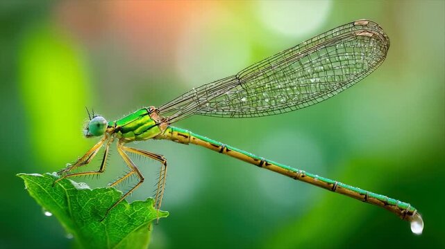 A vibrant green and yellow damselfly rests on a leaf with water droplets, against a soft green backdrop