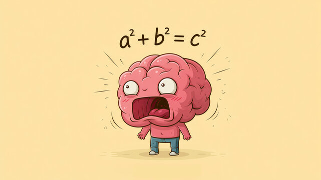 cute funny brain shocked by a mathematical formula illustration