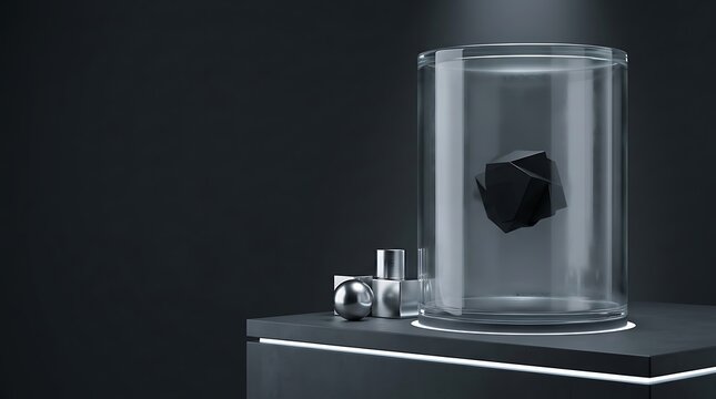 Black digital cube floating inside a glass cylinder chamber for cybersecurity technology