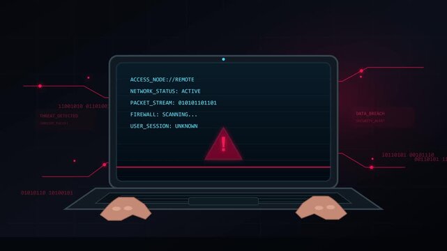 Hacker performing complex cybersecurity breach on digital laptop screen in this detailed motion animation video clip