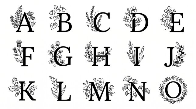 Set of alphabet letters a to o decorated with hand drawn black floral elements
