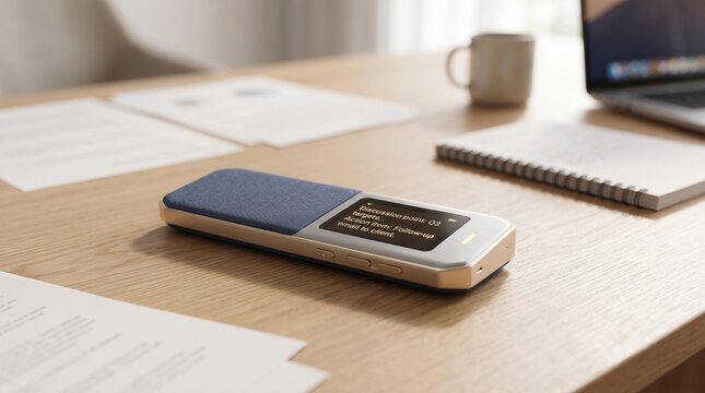Modern digital voice recorder on a wooden desk transcribing meeting notes