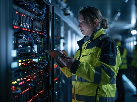 Female IT professional in hi-vis jacket inspecting server rack equipment with tablet in data center